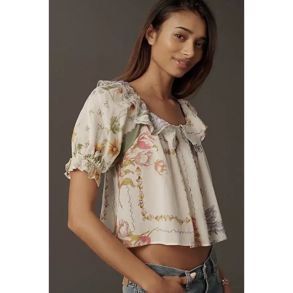 Anthropologie Peter Pan Dainty Cottagecore Floral Scarf Print Ruffle Top Small